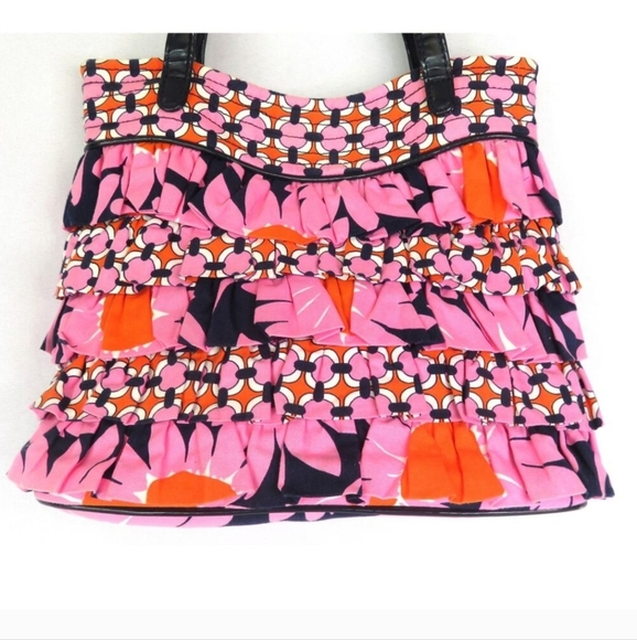 Vera Bradley Pink, Navy & Orange Tote Bag with Geometric Flower & Ruffle Design - Picture 6 of 9